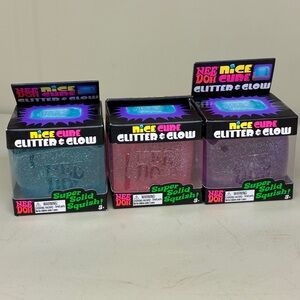Nee Doh Nice Cube Glitter & Glow Complete Set Bundle Blue, Pink & Purple Needoh